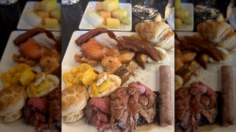 A heaping plate of brunch items.