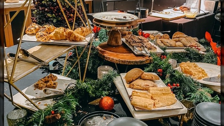 Baked goods at holiday brunch buffet.