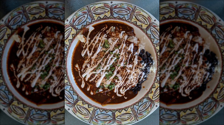Barely visible enchiladas on a vibrantly decorated plate covered in mole sauce, sprinkled with queso fresca and cilantro, and drizzled with sour cream; black beans on the side
