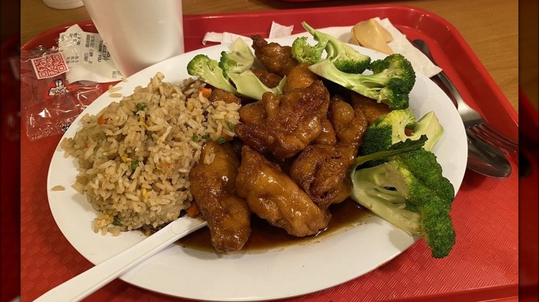General Tso's chicken with broccoli and fried rice at Egg Roll Number 1 restaurant