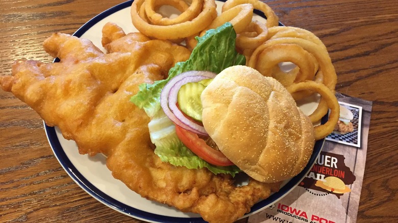 beer battered style pork tenderloin with onion rings