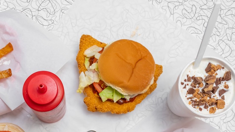 pork tenderloin sandwich from above with ketchup and shake