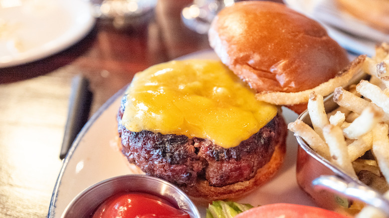 Juicy cheeseburger with top bun removed