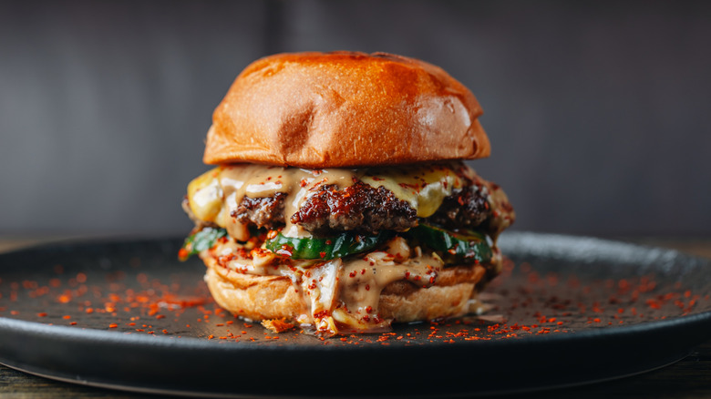 A fancy juicy cheeseburger on a plate