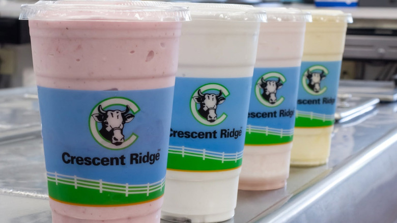 Lineup of milkshakes in plastic cups.