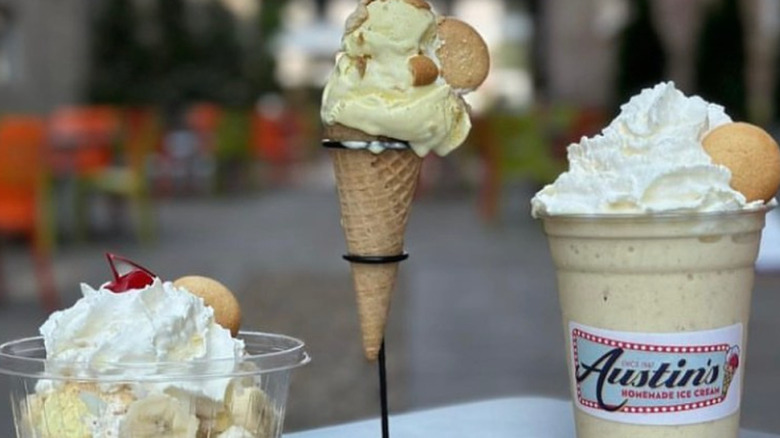 Banana pudding ice cream cone, cup, and milkshake.