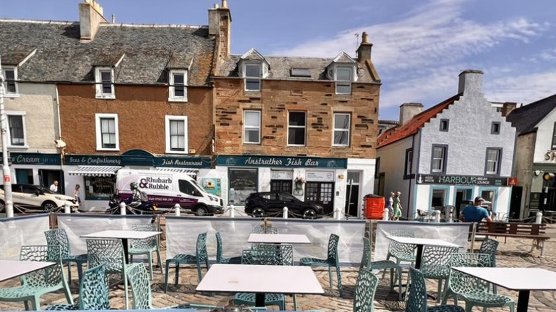 exterior of Anstruther Fish Bar, Anstruther, Fife and its outdoor seating area