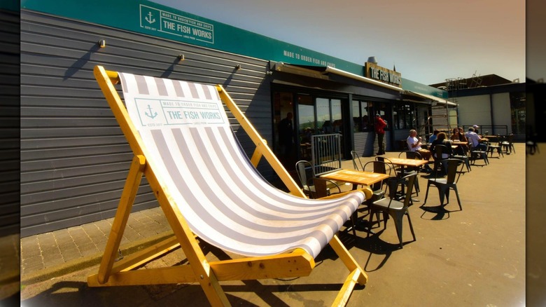Diners at tables outside The Fish Works, Largs, Ayrshire