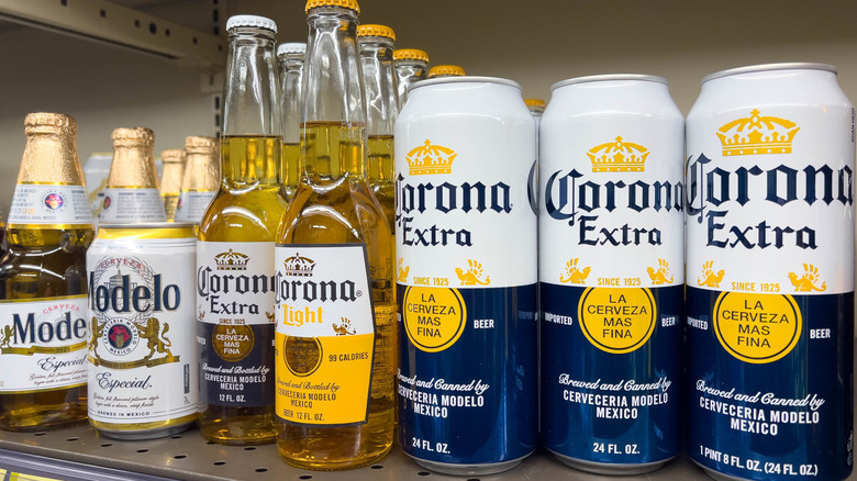 Mexican beers, Corona and Modelo, on a shelf