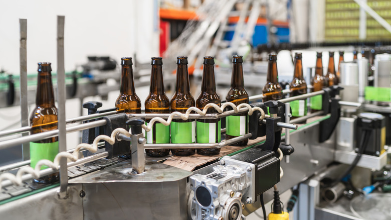 Beer being bottled in a factory