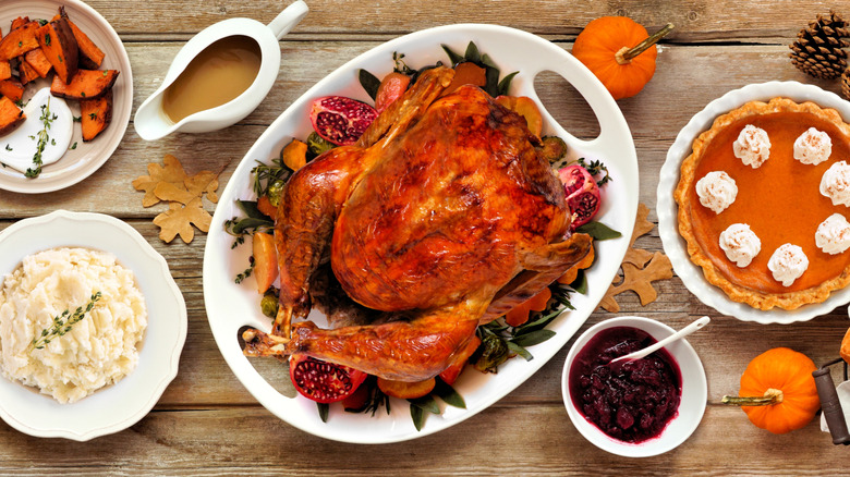 Cooked Thanksgiving turkey with some sides