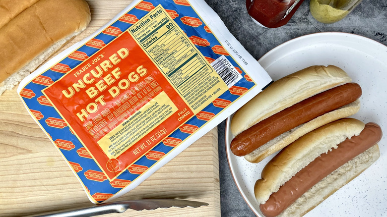 A package of Trader Joe's Uncured Beef Hot Dogs