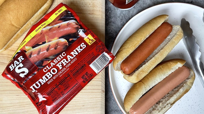 A package of Bar-S Classic Jumbo Franks with a heated and unheated hot dog beside it.