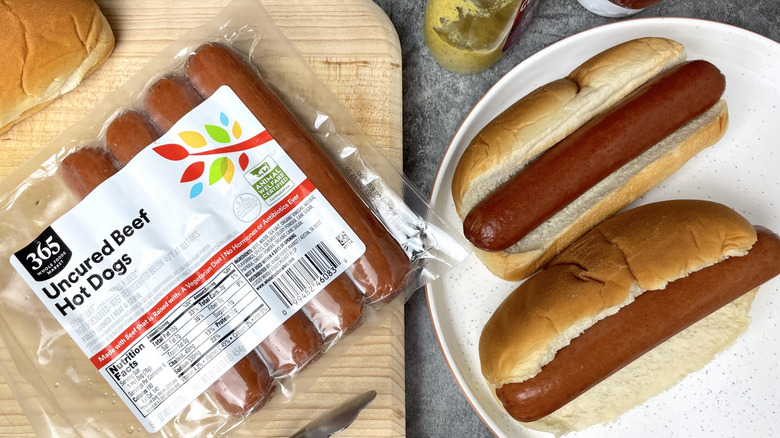 A package of 365 by Whole Foods Market Uncured Beef Hot Dogs