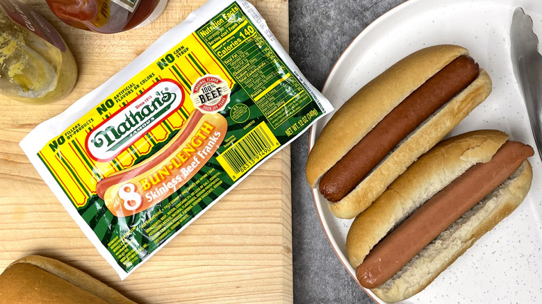 A package of Nathan's Famous Bun-Length Skinless Beef Franks