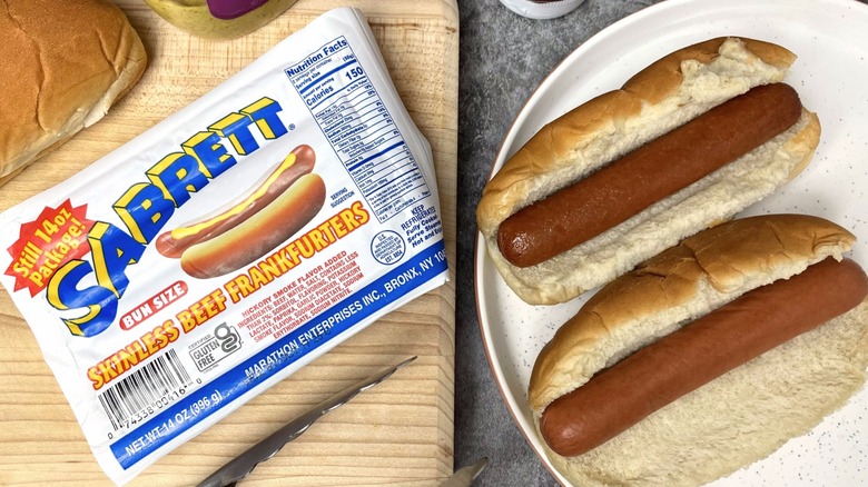 A package of Sabrett Skinless Beef Frankfurters