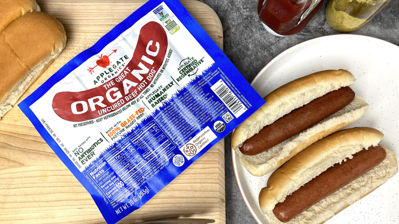 A package of Applegate Organic Uncured Beef Hot Dogs