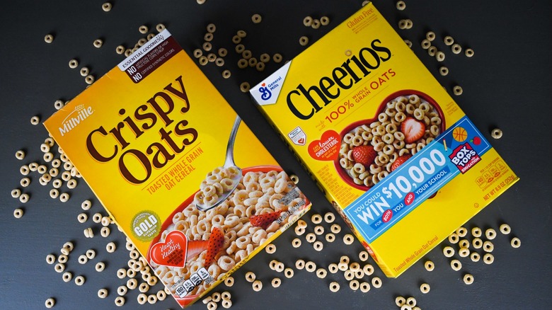 yellow boxes of cheerios and crispy oats cereal from aldi