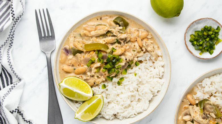 white chicken chili in dish 