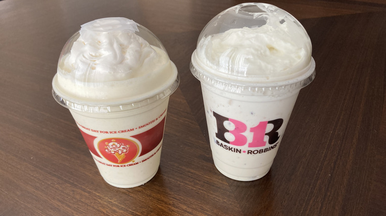 Cold Stone and Baskin-Robbins shakes side by side in to go cups