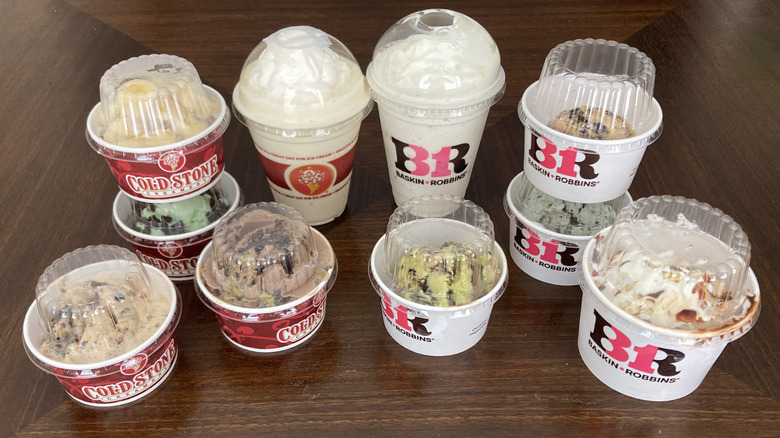 Baskin Robbins and Cold Stone scoops of ice cream and shakes in paper to-go cups and plastic to-go cups