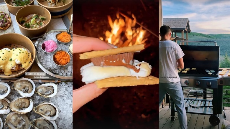 screenshots of stories posted by Isabelle Tashima on Instagram. Fresh seafood from Eventide Fenway, campfire s'mores with Reese's Peanut Butter Cups, and Nick DiGiovanni grilling burgers