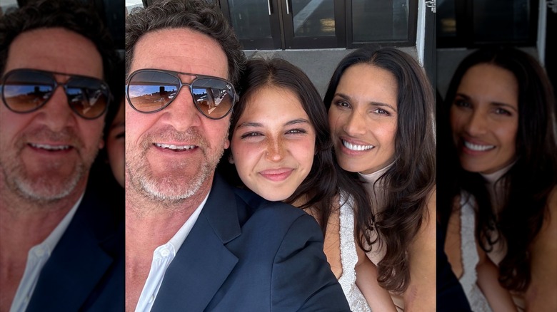 Padma Lakshmi, Adam Dell, and Krishna Lakshmi-Dell taking a group selfie
