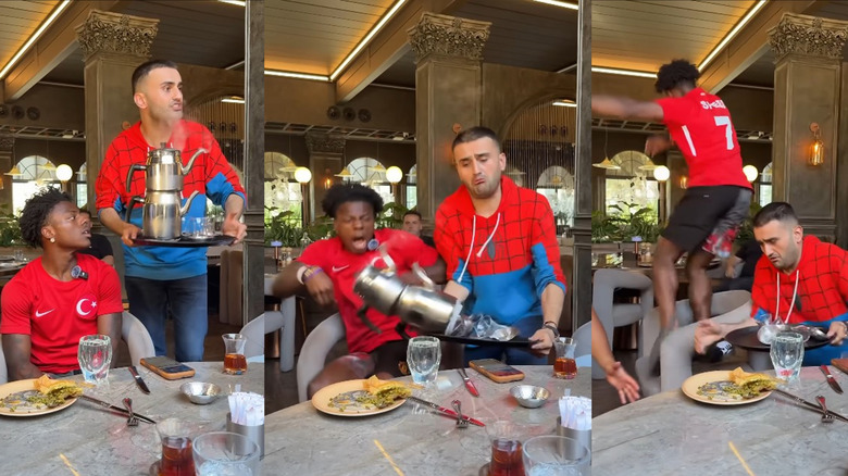 screenshots of CZN Burak pranking IShowSpeed with a tray of falling fake hot teapots