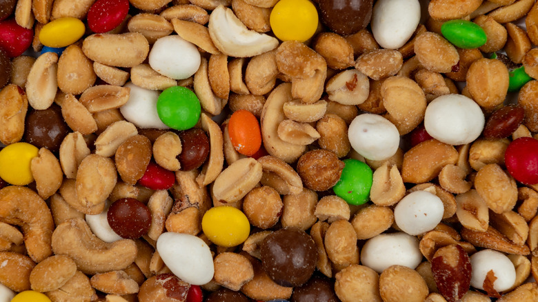 Closeup of trail mix with nuts and chocolate pieces
