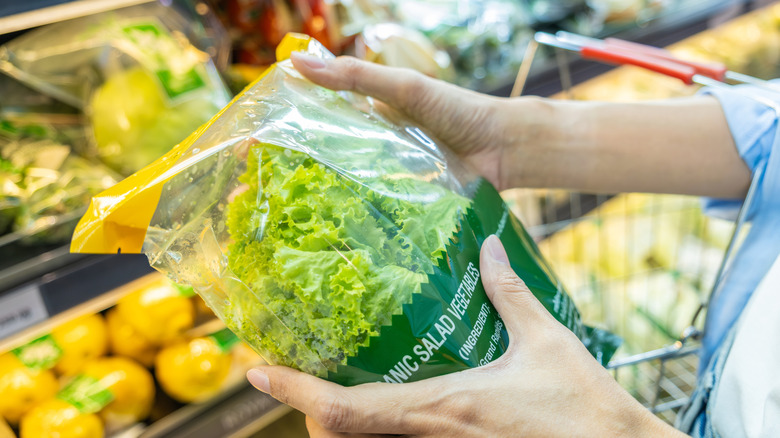 Shopper holding bagged lettuce