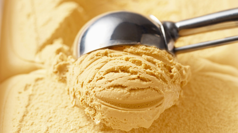 Closeup of a metal ice cream scooper rolling a ball of vanilla ice cream