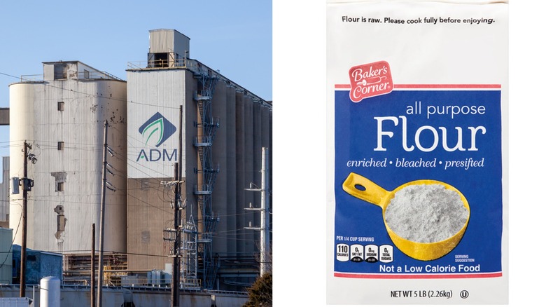 Exterior of ADM mill in Illinois and a bag of Aldi-brand flour