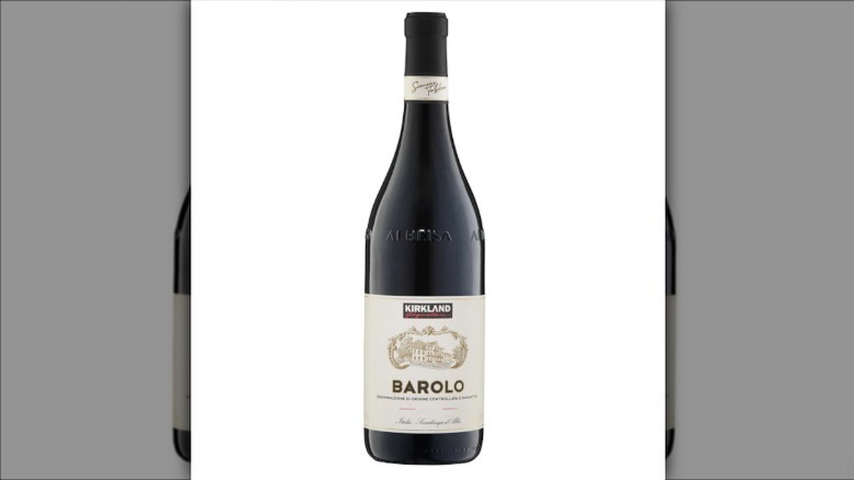 Bottle of Kirkland Signature Barolo against white background.