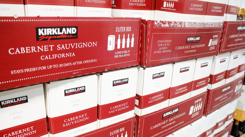 Red-and-white boxes of Costco's Kirkland Signature Cabernet Sauvignon boxed wine