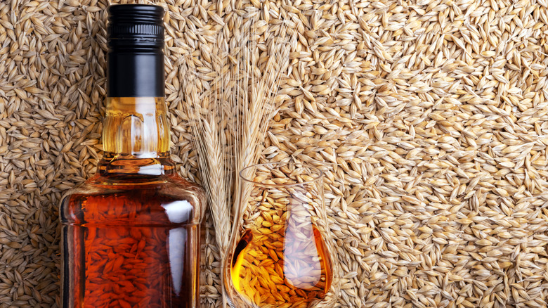 A bottle and glass of Irish whiskey in front of a background of grains