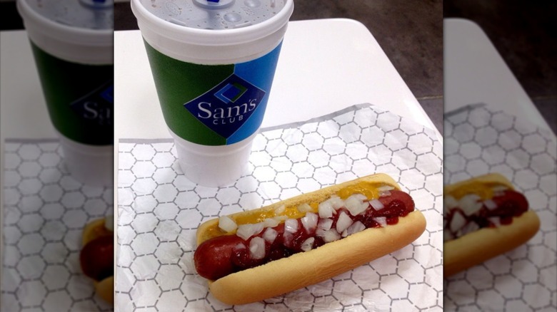 Sam's Club hot dog and drink on food court table.