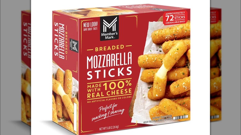 Box of Sam's Club Member's Mark frozen breaded mozzarella sticks against white background.