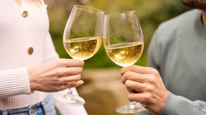 Two people toasting glasses of white wine outside.