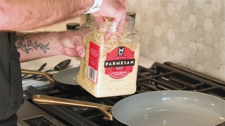 Closeup of Member's Mark shredded parmesan cheese label from Sam's Club