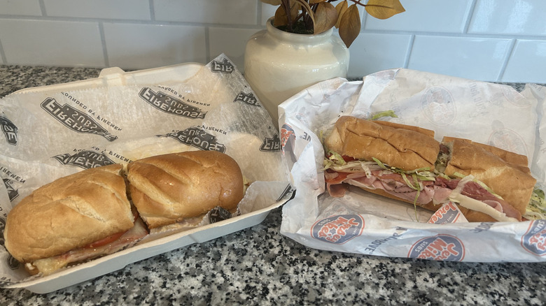 Firehouse Subs and Jersey Mike's sandwiches on kitchen counter