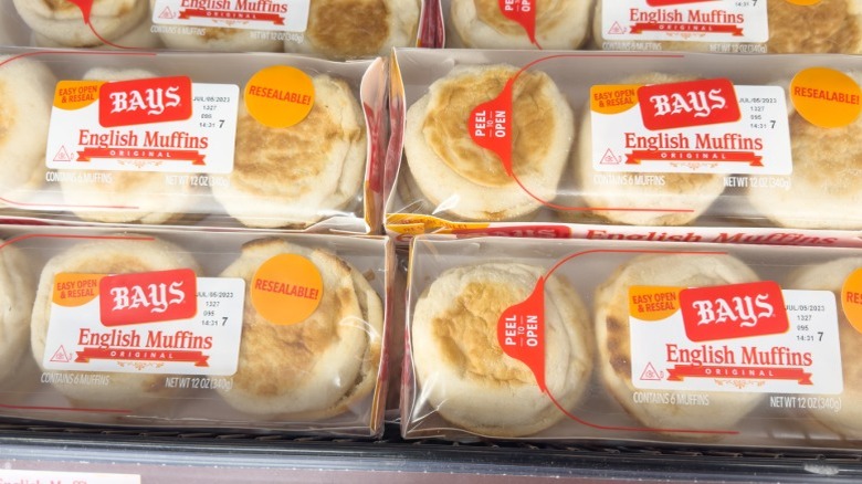 Packages of Bays English muffins in grocery store.