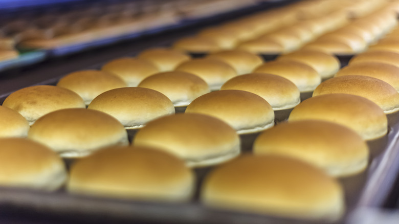 Freshly baked hamburger buns cooling on trays
