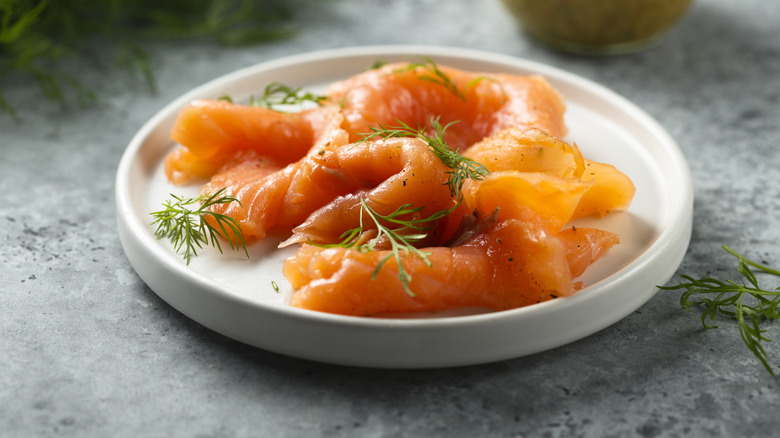 Smoked salmon on plate