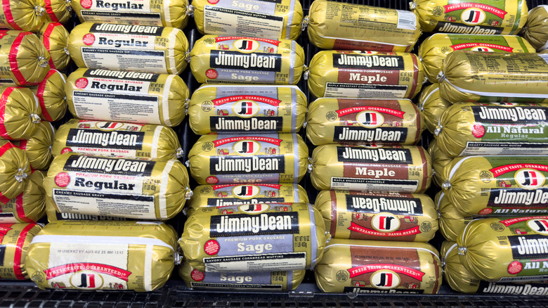 Jimmy Dean sausages on display in the frozen section of a supermarket