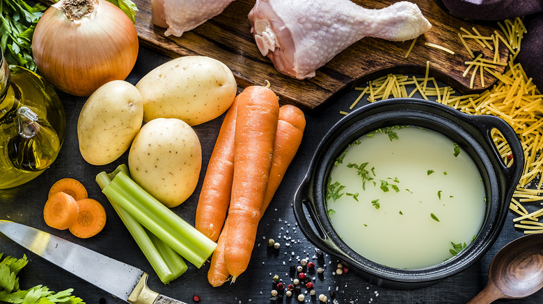 Homemade chicken stock with vegetables