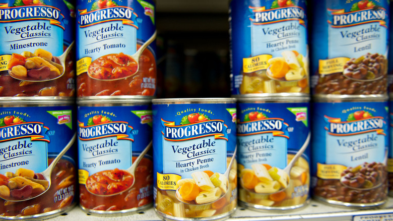 Progresso soup cans on a shelf