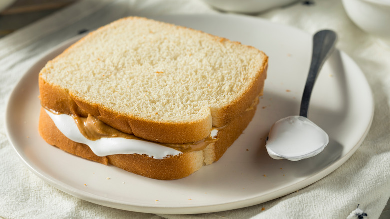 Marshmallow Fluff sandwich on white plate