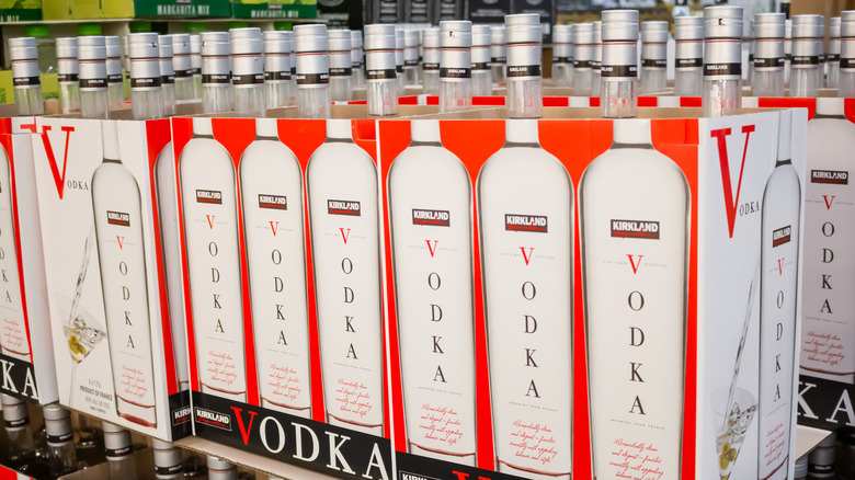 Cases of Kirkland-brand vodka on shelf