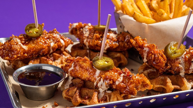 Chili's chicken and waffles with jalapeños and fries