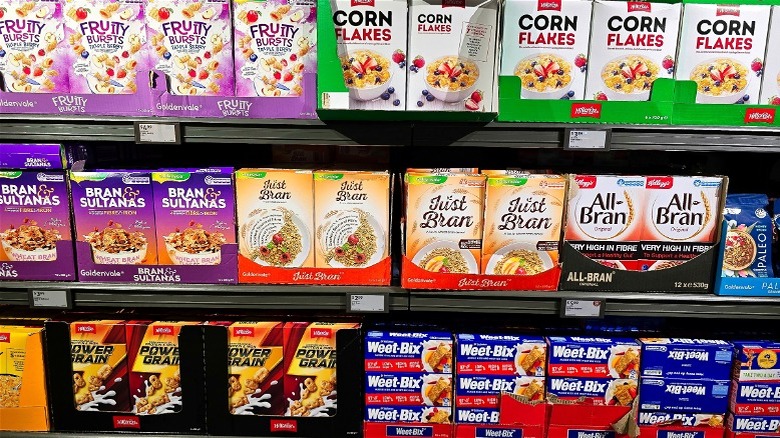 Aisle full of cereal without mascots at Aldi